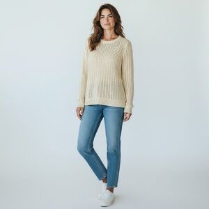 Talbots Women’s Cream Yellow Open Knit Sweater Medium Lightweight Pullover